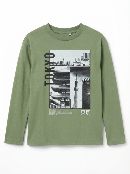 Kids' Sage Green "TOKYO" Cityscape Graphic Long-Sleeve T-Shirt