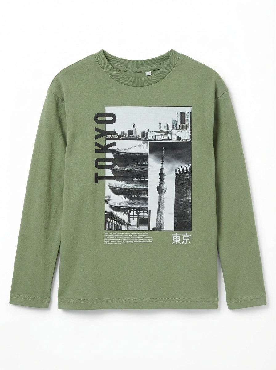 Kids' Sage Green "TOKYO" Cityscape Graphic Long-Sleeve T-Shirt