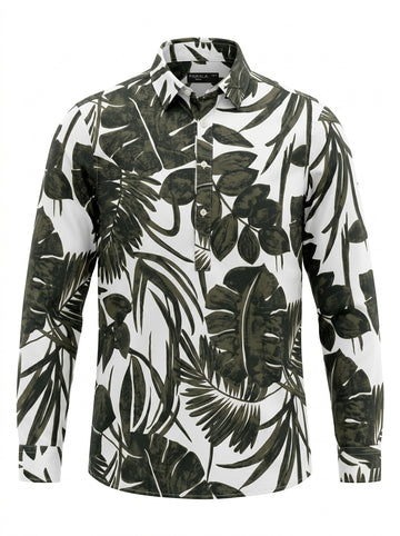 Men’s Olive Green Monstera Motif Casual Half-Placket Shirt