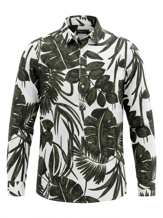 Men’s Olive Green Monstera Motif Casual Half-Placket Shirt