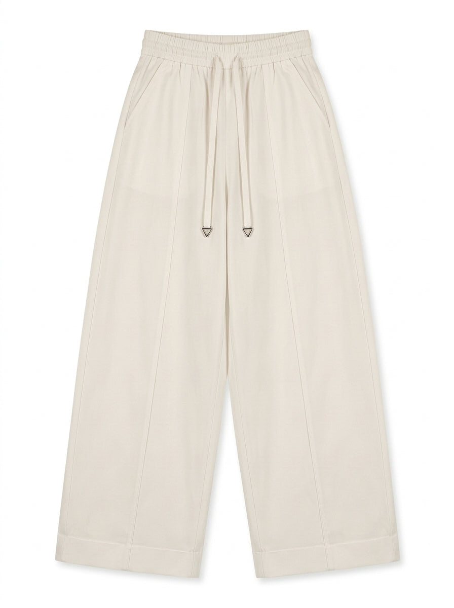 Women's Casual High-Waist Cream Wide-Leg Trousers with Drawstring
