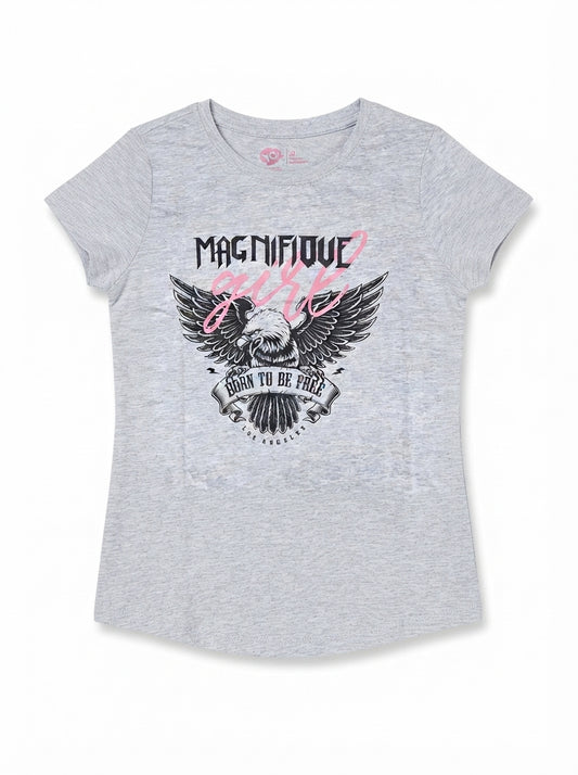 Girls' Grey Eagle Graphic T-Shirt – "Magnifique Girl / Born to Be Free"