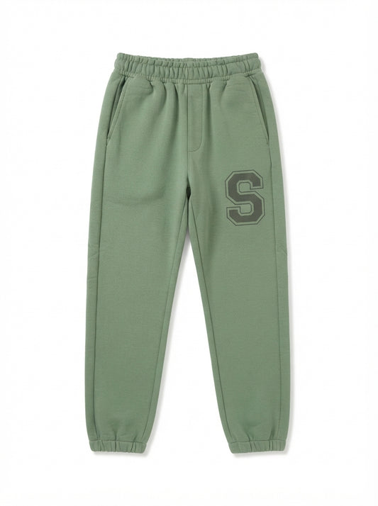 Boys Imported Sage Green Letter 'S' Fleece Joggers FOR Winter