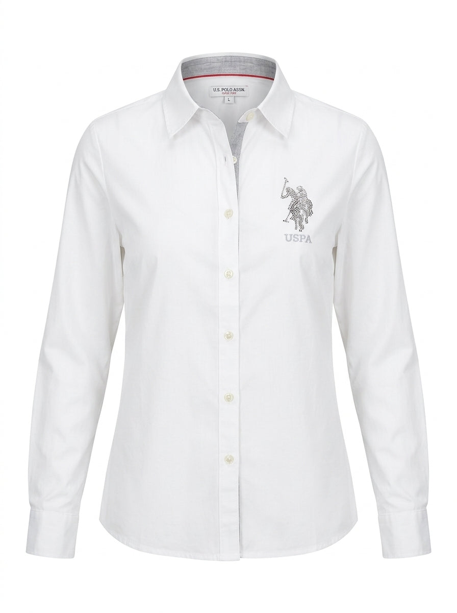Women's Classic White Long-Sleeve Shirt with Embellished Logo