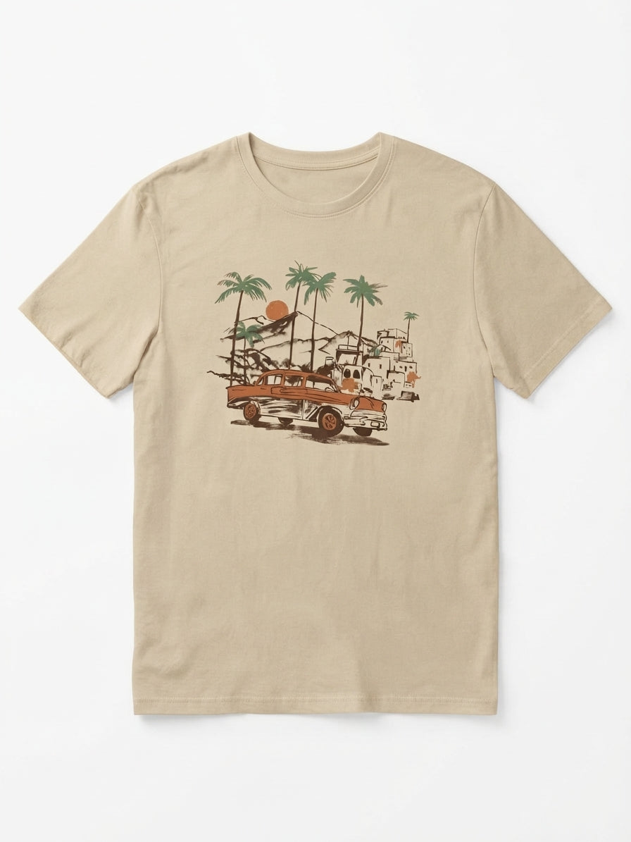 Vintage Retro Car & Palm Trees Graphic T-Shirt for Men | Casual Summer Tee