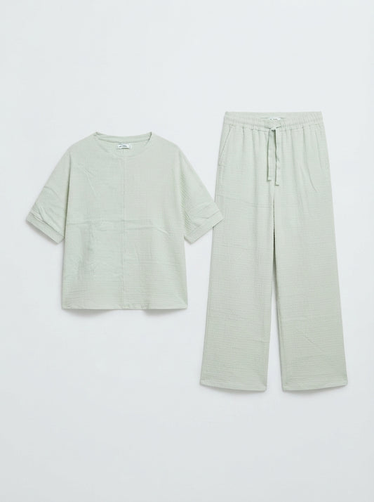 Oysho Mint Green Textured Short-Sleeve Co-Ord Set
