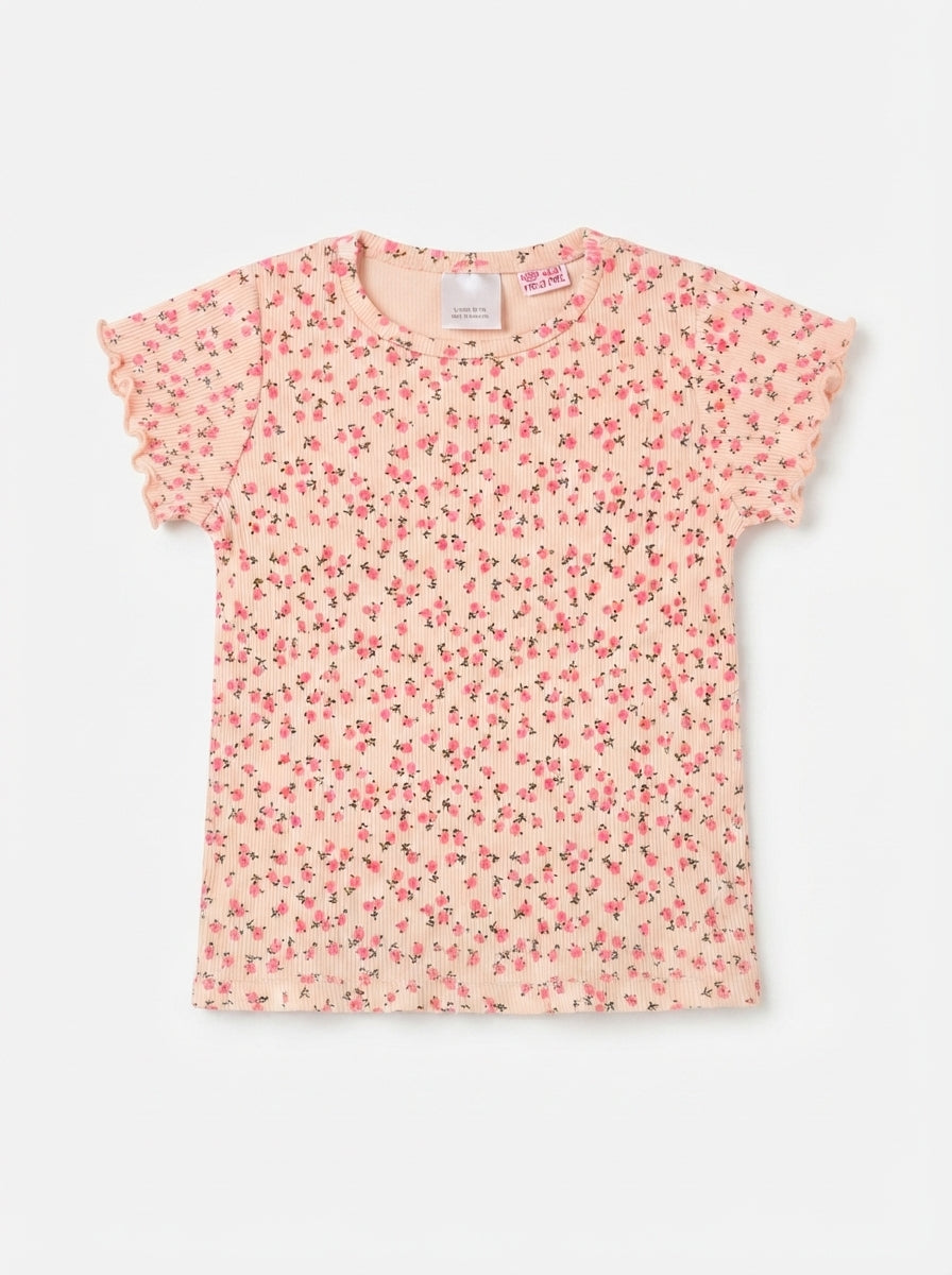Girls' Floral Print Ribbed T-Shirt
