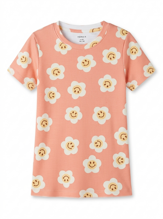 Girls' Smiley Flower Ribbed Short Sleeve T-Shirt