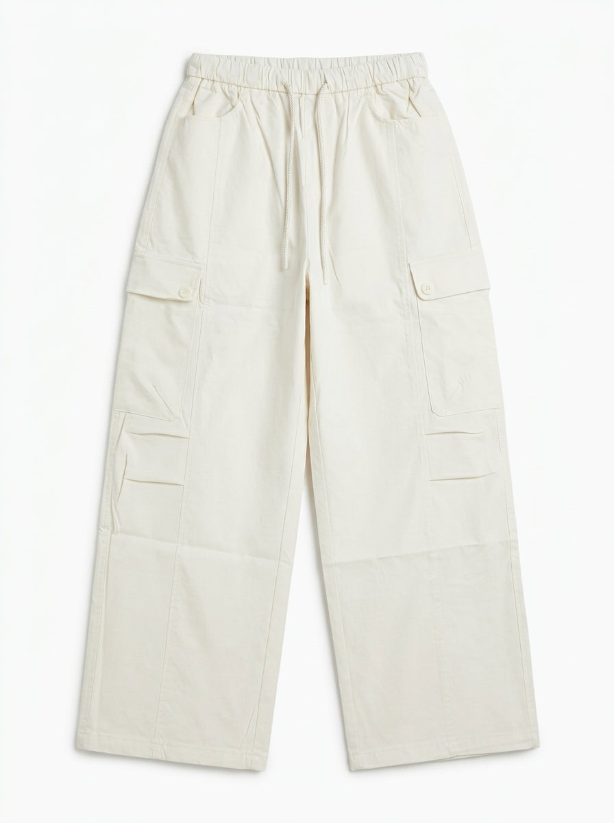 Women's Casual High-Waist Cream Wide-Leg Cargo Trousers