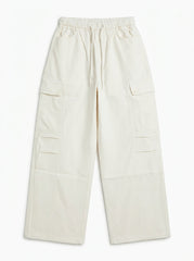 Women's Casual High-Waist Cream Wide-Leg Cargo Trousers