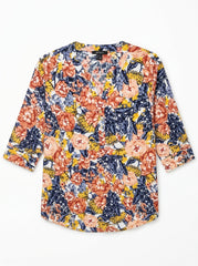 Women's Floral Print Quarter Sleeve V-Neck Blouse