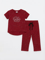 LCW Girls' Maroon Graphic Lounge Set | T-Shirt & Trousers