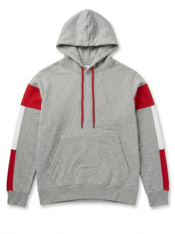 Men's Colorblock Fleece Pullover Hoodie – Light Grey / Red / White