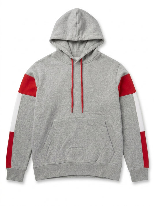 Men's Colorblock Fleece Pullover Hoodie – Light Grey / Red / White