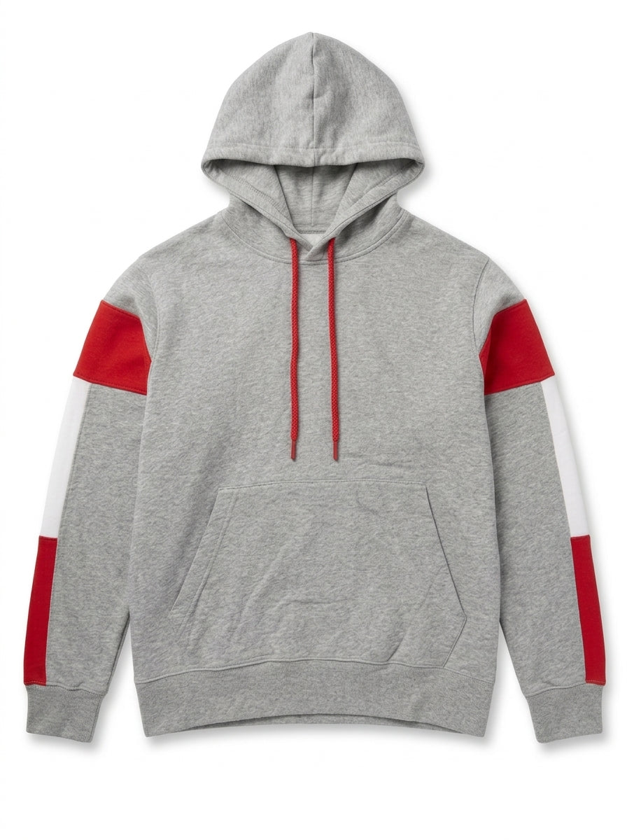 Men's Colorblock Fleece Pullover Hoodie – Light Grey / Red / White