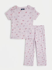 Girls Lavender Floral 2-Piece Ribbed Outfit Set