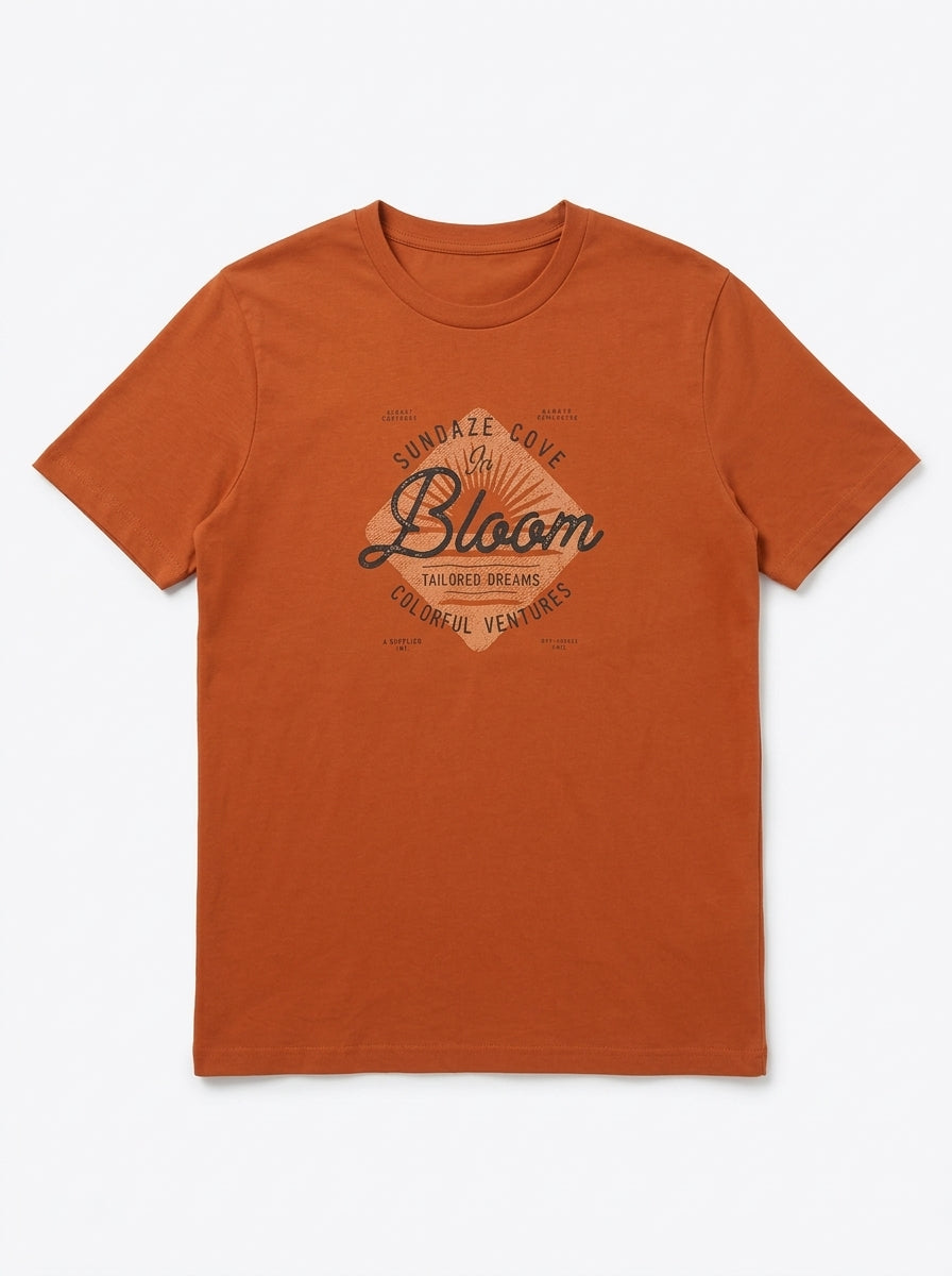 Men's Imported Quality Rust Orange Graphic T-Shirt – Vintage "In Bloom" Crewneck Tee