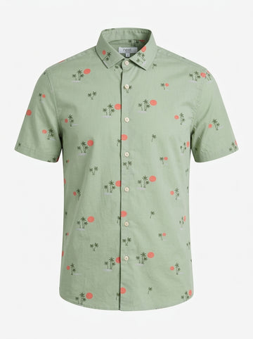 Men’s Sage Green Sunset & Palm Motif Resort Shirt