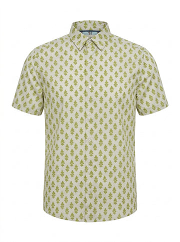 Men’s Regular Fit Green Botanical Print Short-Sleeve Shirt