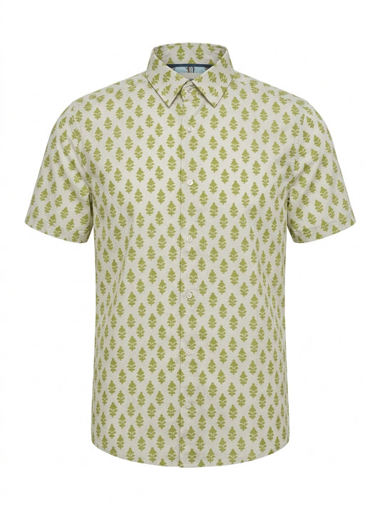 Men’s Regular Fit Green Botanical Print Short-Sleeve Shirt