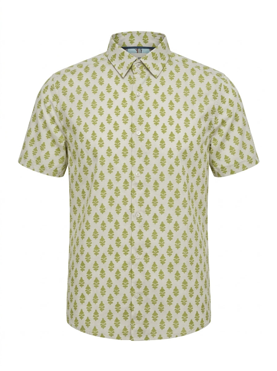 Men’s Regular Fit Green Botanical Print Short-Sleeve Shirt