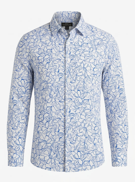 Men’s Botanical Sketch Print Smart-Casual Shirt – Long-Sleeve Top