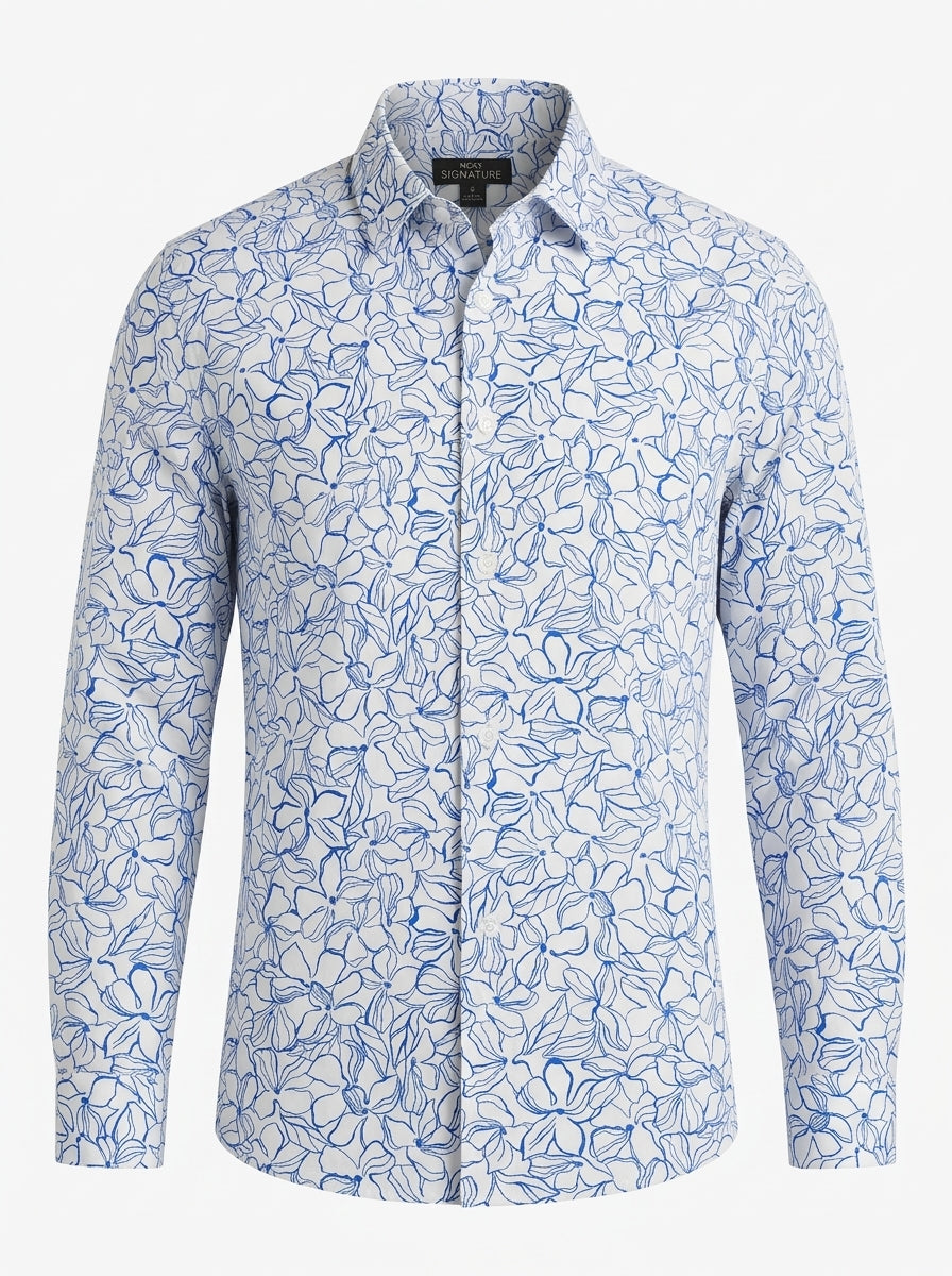 Men’s Botanical Sketch Print Smart-Casual Shirt – Long-Sleeve Top