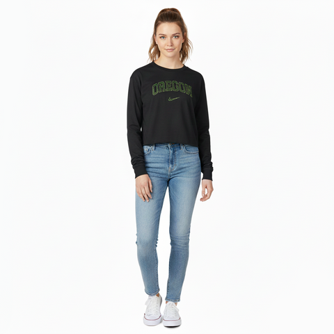 Black Oregon Cropped Long Sleeve Logo T-Shirt
