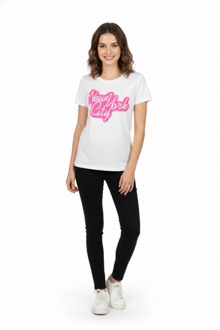 JANINA CURVED NEON-PRINT TEES