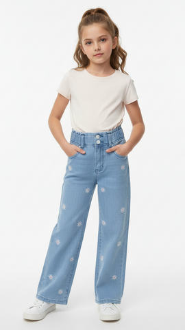GIRLS HIGH WAISTED EMBROIDED WIDE LEG JEANS