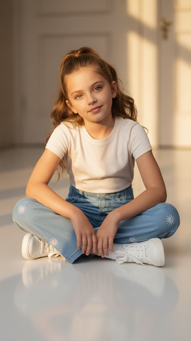 GIRLS HIGH WAISTED EMBROIDED WIDE LEG JEANS