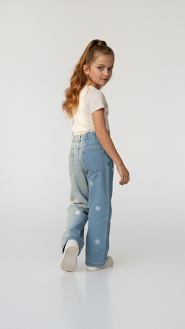 GIRLS HIGH WAISTED EMBROIDED WIDE LEG JEANS