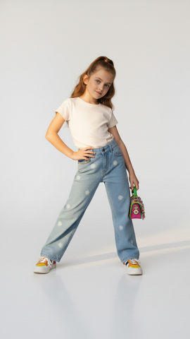 GIRLS HIGH WAISTED EMBROIDED WIDE LEG JEANS