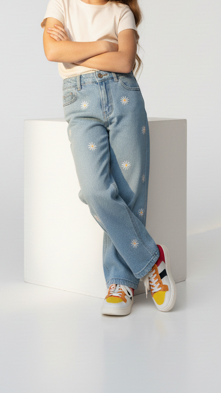 GIRLS HIGH WAISTED EMBROIDED WIDE LEG JEANS