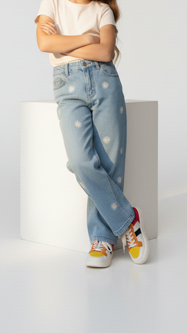 GIRLS HIGH WAISTED EMBROIDED WIDE LEG JEANS