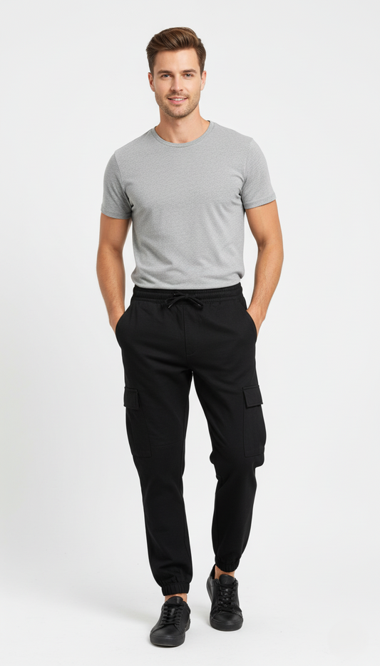 MENS BLACK BASIC CARGO TROUSER