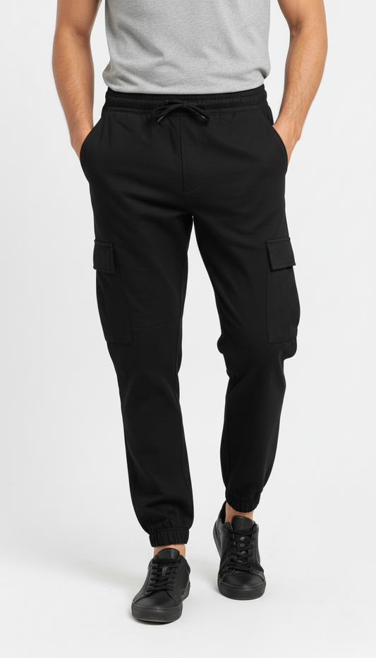 MENS BLACK BASIC CARGO TROUSER