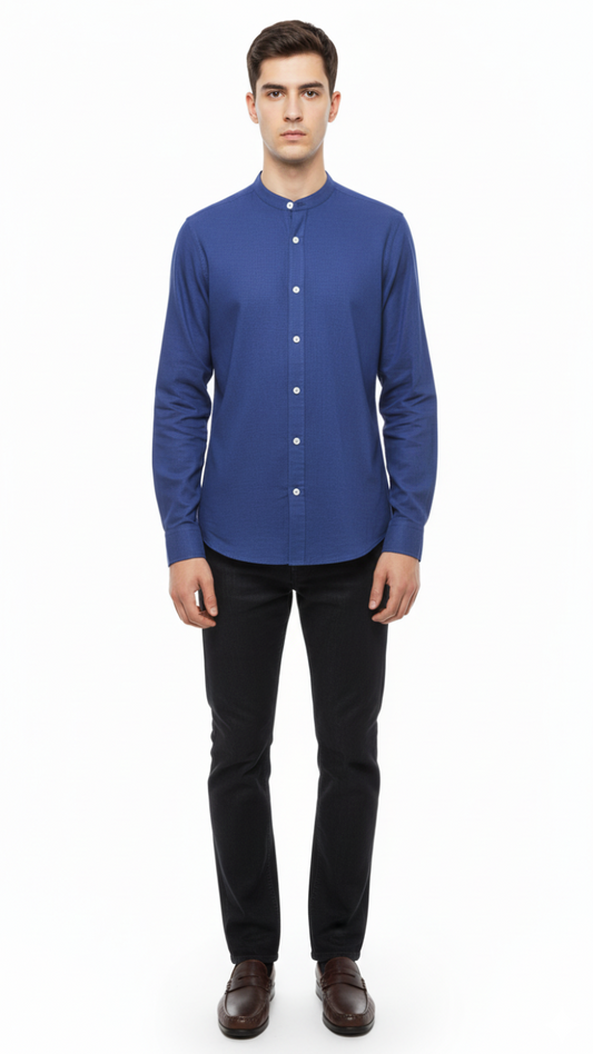 WE MENS MAO COLLAR LINEN BLEND SHIRT