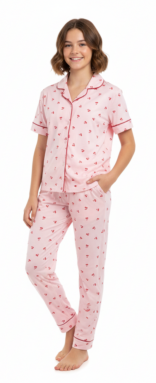 DESTINATION GIRLS CHERRY SHIRT AND TROUSER NIGHT SET