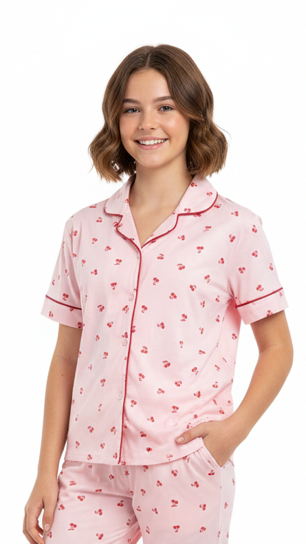 DESTINATION GIRLS CHERRY SHIRT AND TROUSER NIGHT SET