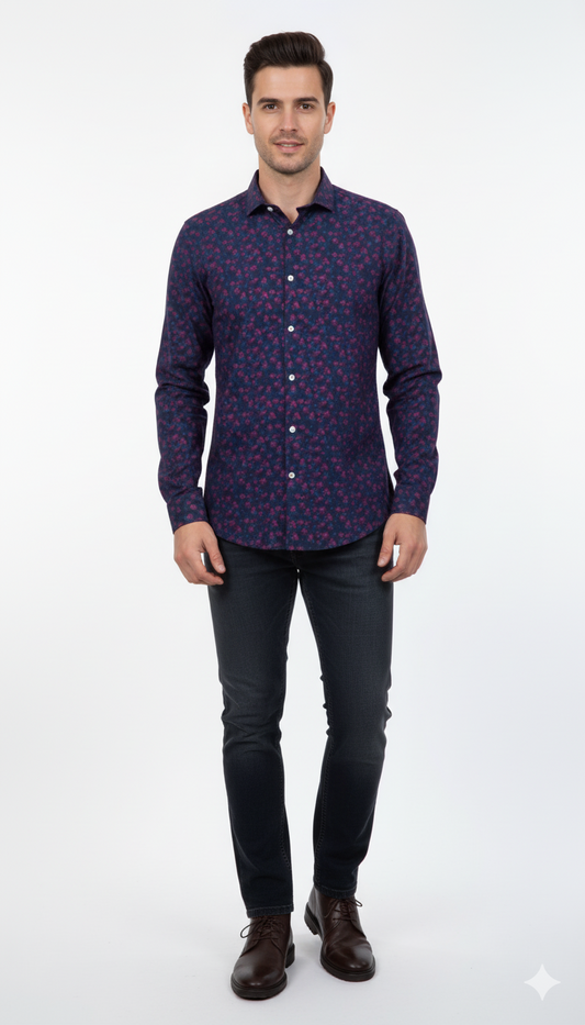 LINDBERG WHITE MENS SLIM FIT FLORAL PRINTED SHIRT