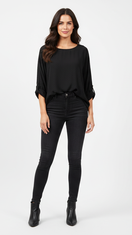 C&A WOMENS ROUND NECK TEXTURED CUFFED TOP