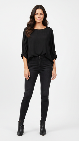 C&A WOMENS ROUND NECK TEXTURED CUFFED TOP
