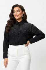 Womens Black Embellished Long Sleeve Button Up Shirt