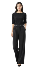 Womens Elastic Waist Wide Leg Black Versatile Trouser