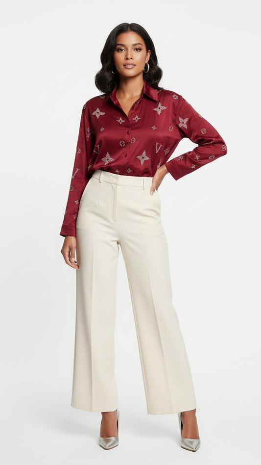 Womens Elegant Embellished Satin Rich Maroon Shirt