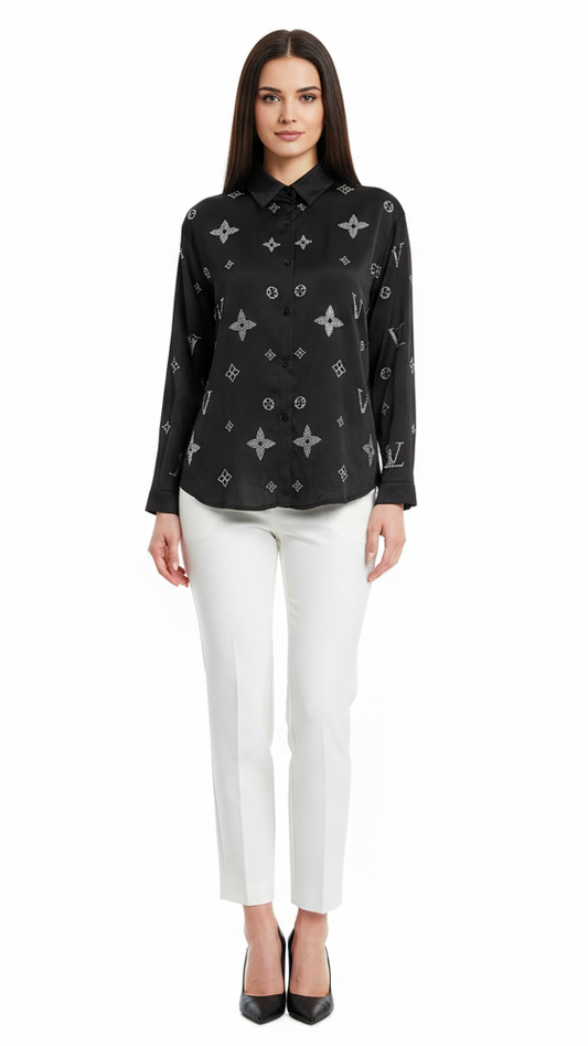 Womens Black Satin Long Sleeve Shirt With White Embellished Pattern