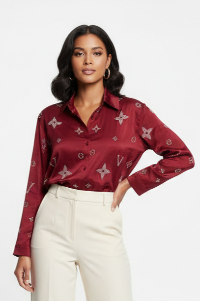 Womens Elegant Embellished Satin Rich Maroon Shirt