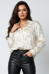 Womens Sequin Embellished Button Up Satin Blouse