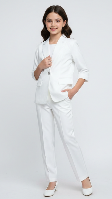 Girls Classic Textured Fancy White Blazer